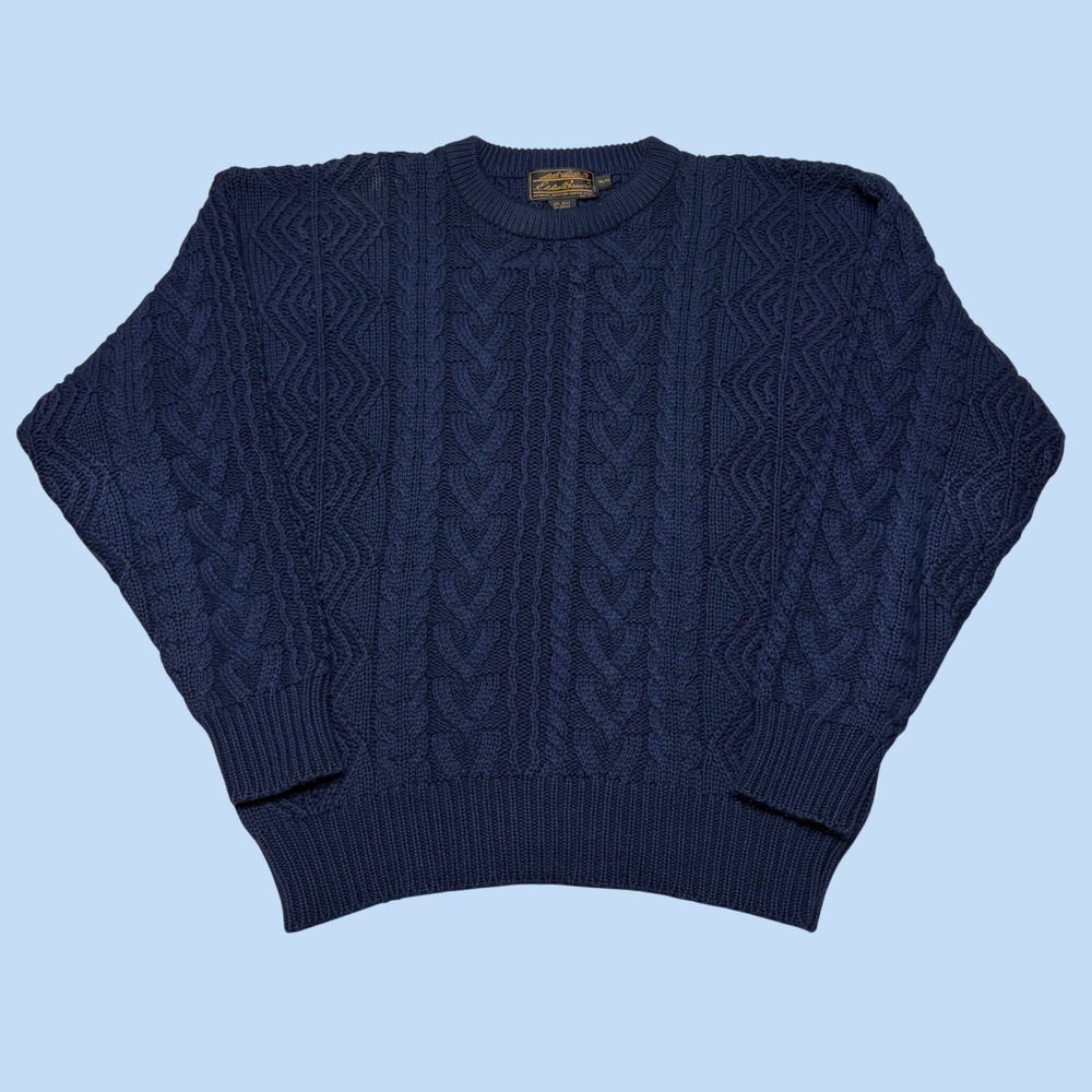 Vintage Eddie Bauer Mens Navy Blue Cable Knit Cotton Crewneck Sweater Medium